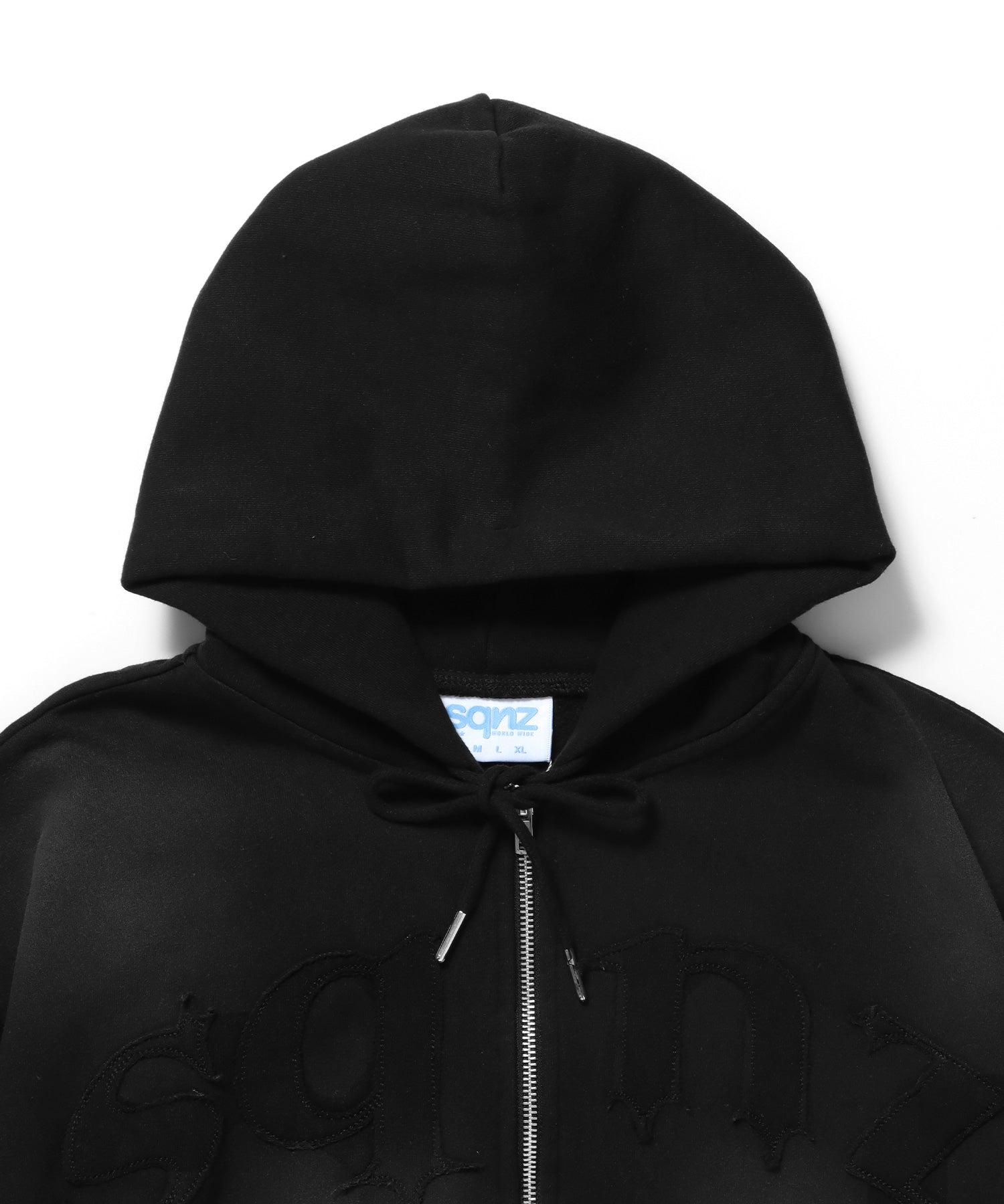sqnz washed wappen zip p/k / フェード ジップパーカー スタッズ フルジップ オーバーサイズ ヴィンテージライク センターロゴ 裏起毛 ブラック