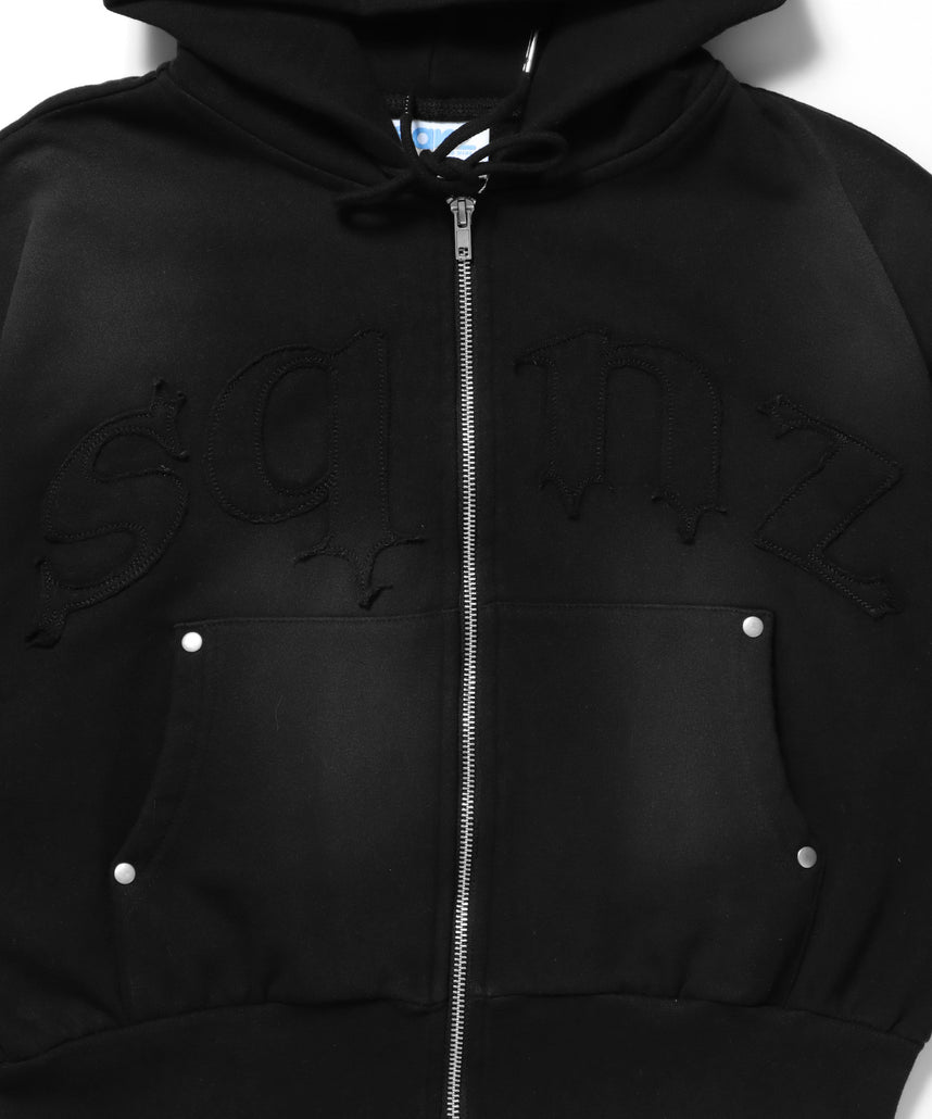 sqnz washed wappen zip p/k / フェード ジップパーカー スタッズ フルジップ オーバーサイズ ヴィンテージライク センターロゴ 裏起毛 ブラック