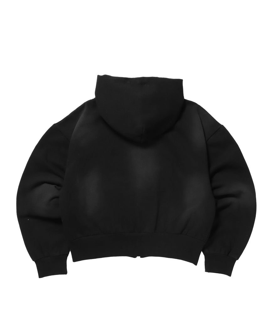 sqnz washed wappen zip p/k / フェード ジップパーカー スタッズ フルジップ オーバーサイズ ヴィンテージライク センターロゴ 裏起毛 ブラック