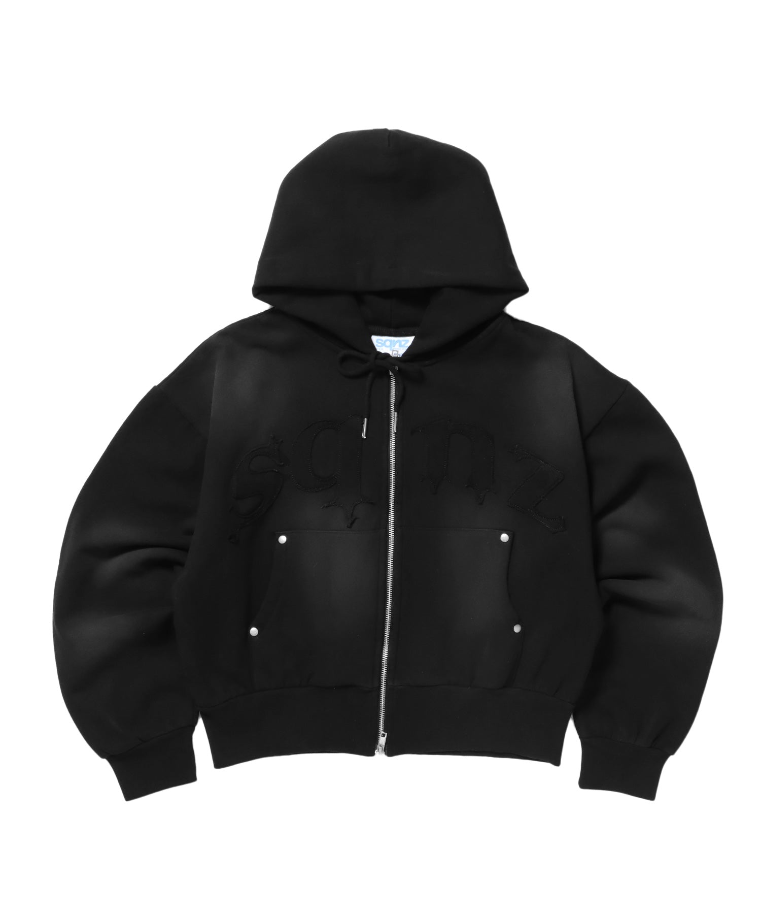 sqnz washed wappen zip p/k / フェード ジップパーカー スタッズ フルジップ オーバーサイズ ヴィンテージライク センターロゴ 裏起毛 ブラック