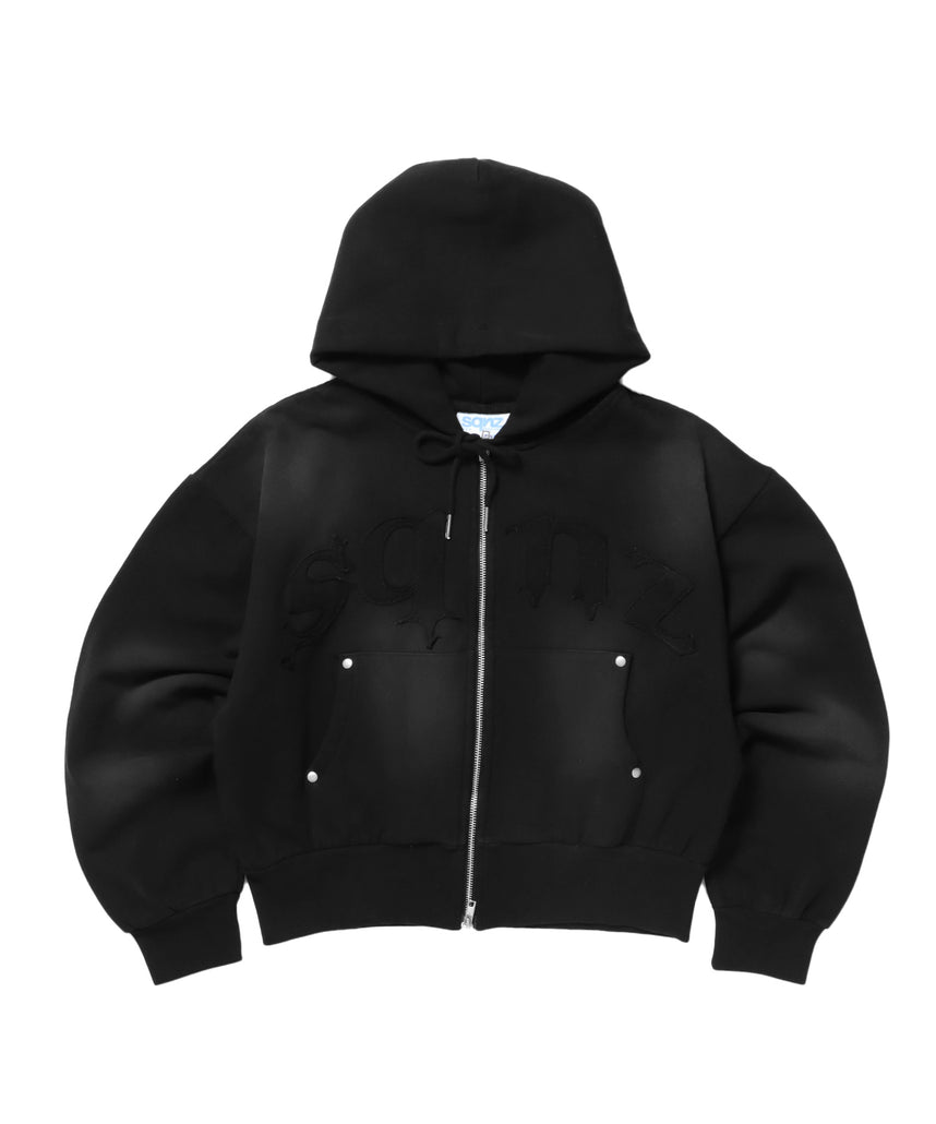 sqnz washed wappen zip p/k / フェード ジップパーカー スタッズ フルジップ オーバーサイズ ヴィンテージライク センターロゴ 裏起毛 ブラック