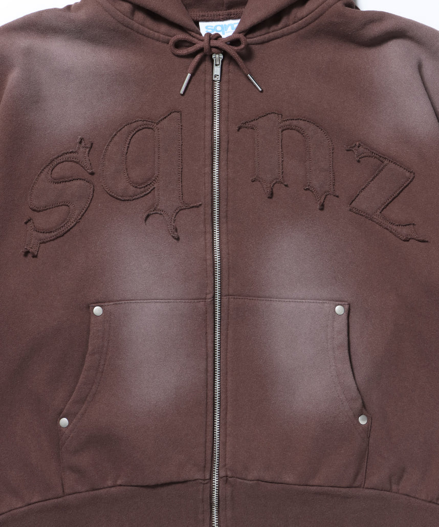 sqnz washed wappen zip p/k / フェード ジップパーカー スタッズ フルジップ オーバーサイズ ヴィンテージライク センターロゴ 裏起毛 ダークブラウン