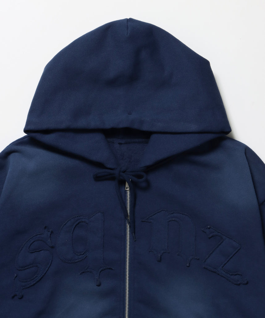 sqnz washed wappen zip p/k / フェード ジップパーカー スタッズ フルジップ オーバーサイズ ヴィンテージライク センターロゴ 裏起毛 ネイビー