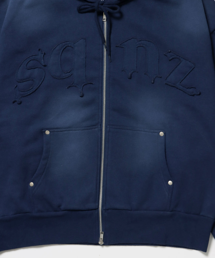sqnz washed wappen zip p/k / フェード ジップパーカー スタッズ フルジップ オーバーサイズ ヴィンテージライク センターロゴ 裏起毛 ネイビー