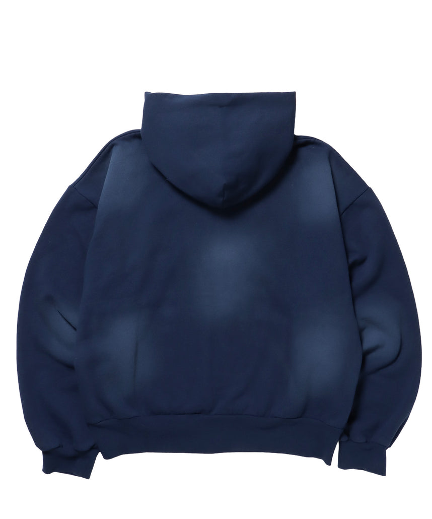 sqnz washed wappen zip p/k / フェード ジップパーカー スタッズ フルジップ オーバーサイズ ヴィンテージライク センターロゴ 裏起毛 ネイビー