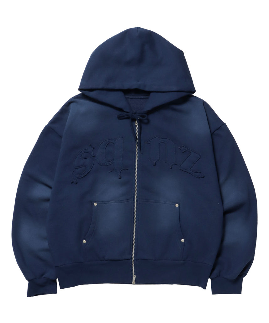 sqnz washed wappen zip p/k / フェード ジップパーカー スタッズ フルジップ オーバーサイズ ヴィンテージライク センターロゴ 裏起毛 ネイビー