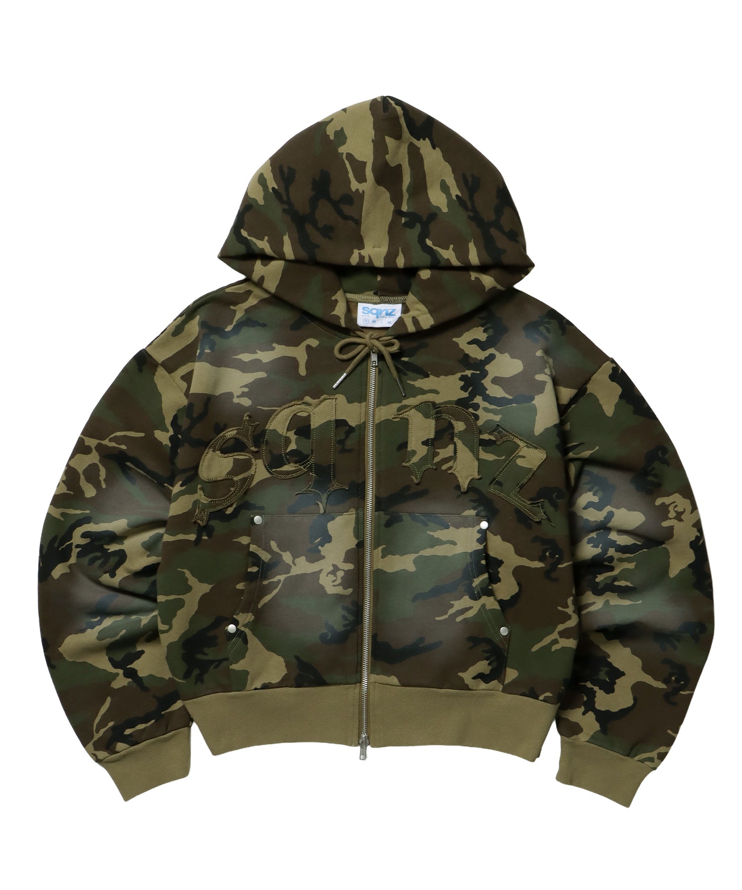 sqnz washed wappen zip p/k / フェード ジップパーカー スタッズ フルジップ オーバーサイズ ヴィンテージライク センターロゴ 裏起毛 柄80
