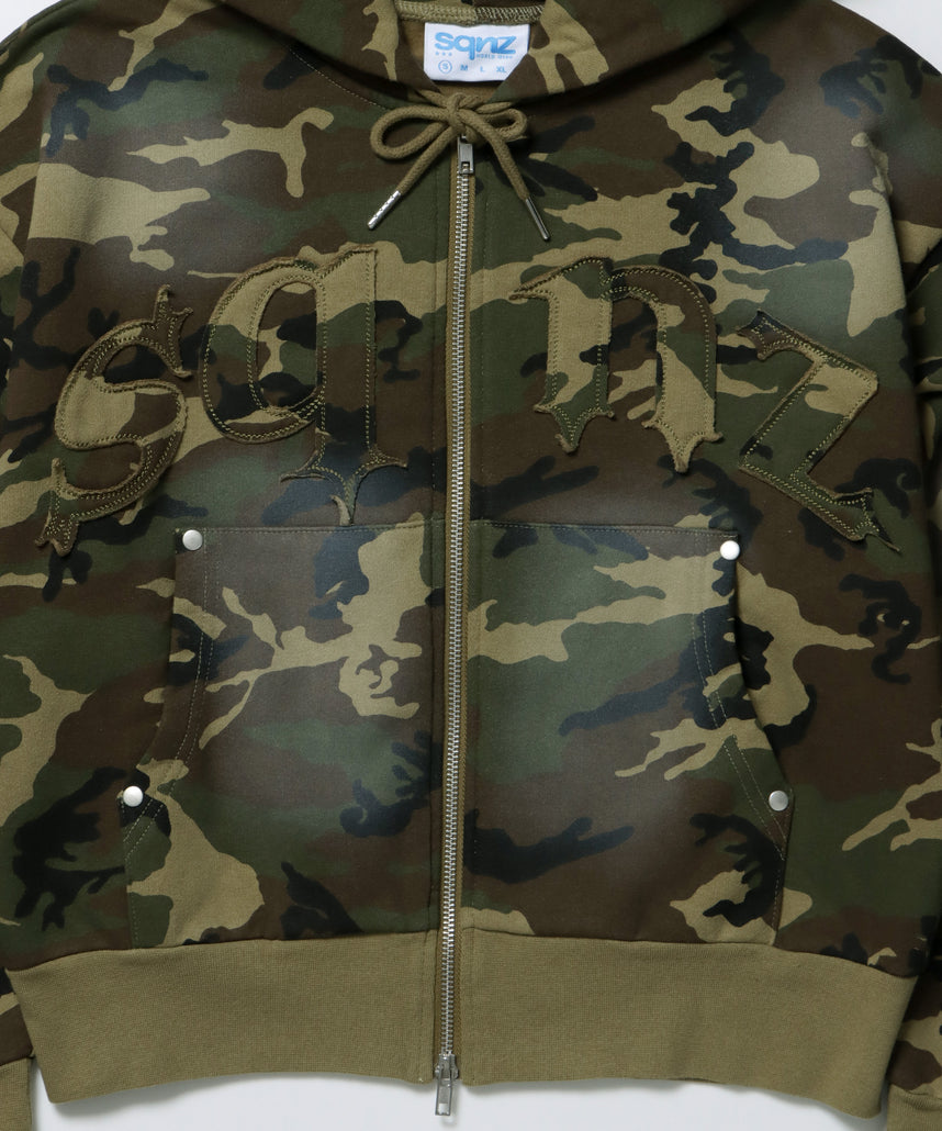sqnz washed wappen zip p/k / フェード ジップパーカー スタッズ フルジップ オーバーサイズ ヴィンテージライク センターロゴ 裏起毛 柄80