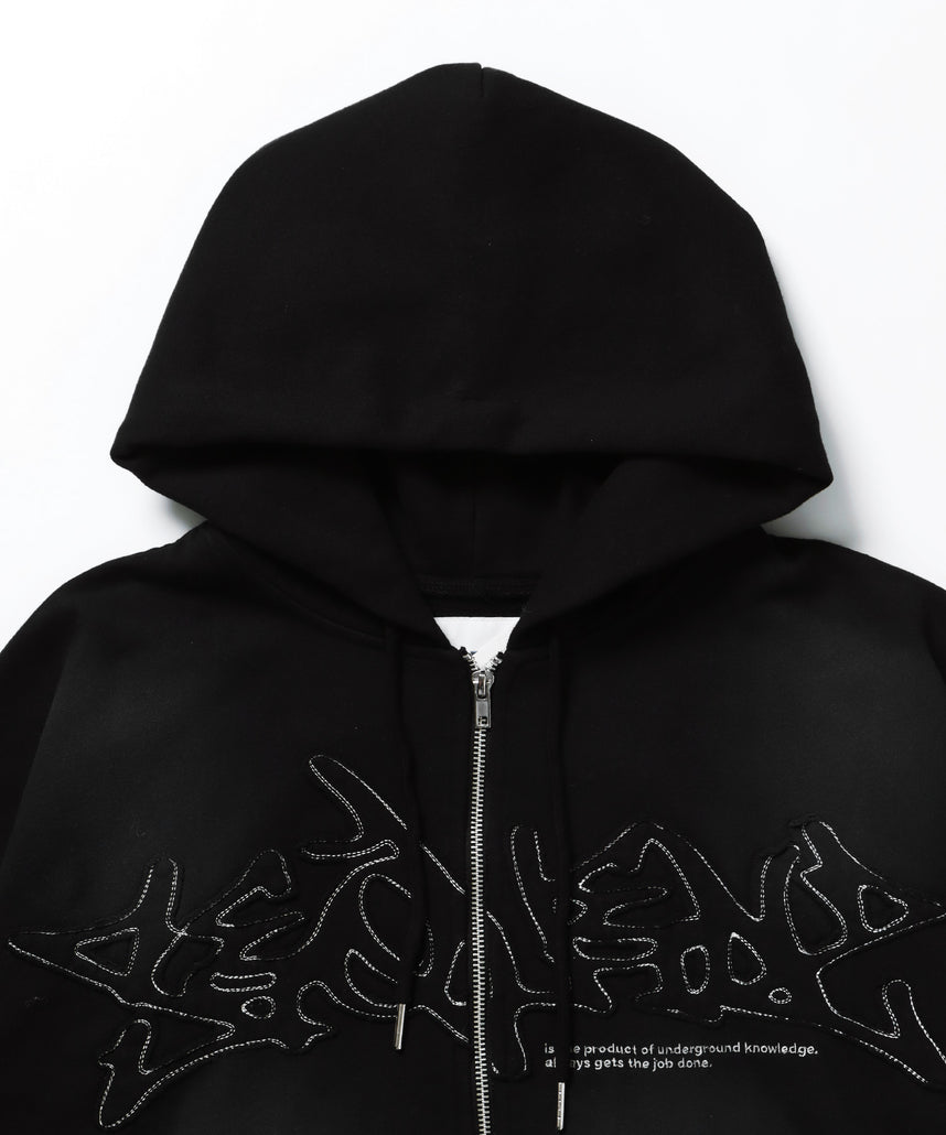LOGO APPLIQUE ZIP HOODIE / フェード フルジップ オーバーサイズ ヴィンテージライク センターロゴ 裏起毛 ブラック ≪SET UP着用可能≫