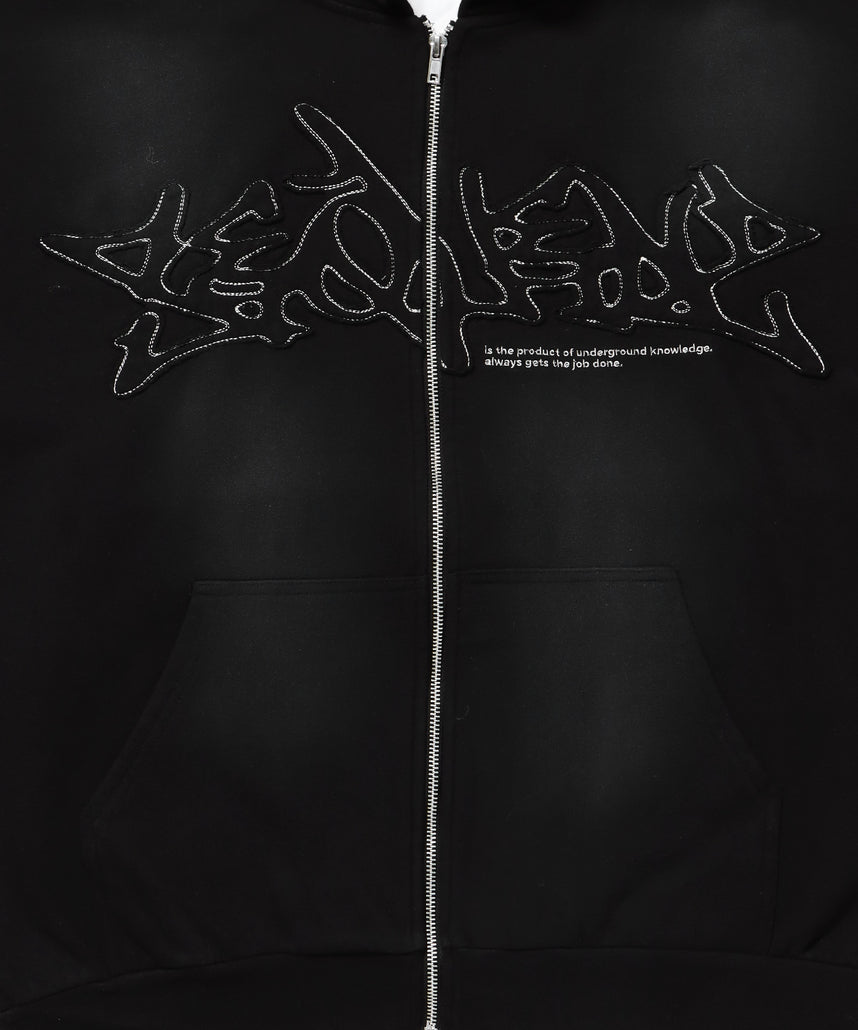 LOGO APPLIQUE ZIP HOODIE / フェード フルジップ オーバーサイズ ヴィンテージライク センターロゴ 裏起毛 ブラック ≪SET UP着用可能≫