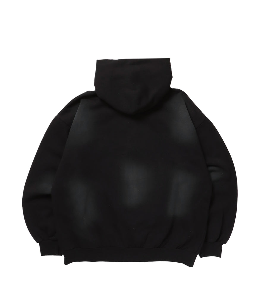 LOGO APPLIQUE ZIP HOODIE / フェード フルジップ オーバーサイズ ヴィンテージライク センターロゴ 裏起毛 ブラック ≪SET UP着用可能≫