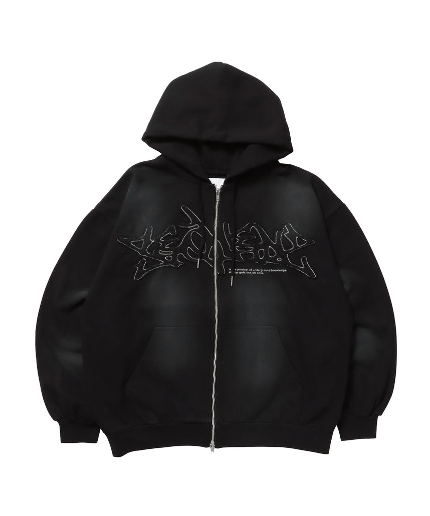 LOGO APPLIQUE ZIP HOODIE / フェード フルジップ オーバーサイズ ヴィンテージライク センターロゴ 裏起毛 ブラック ≪SET UP着用可能≫