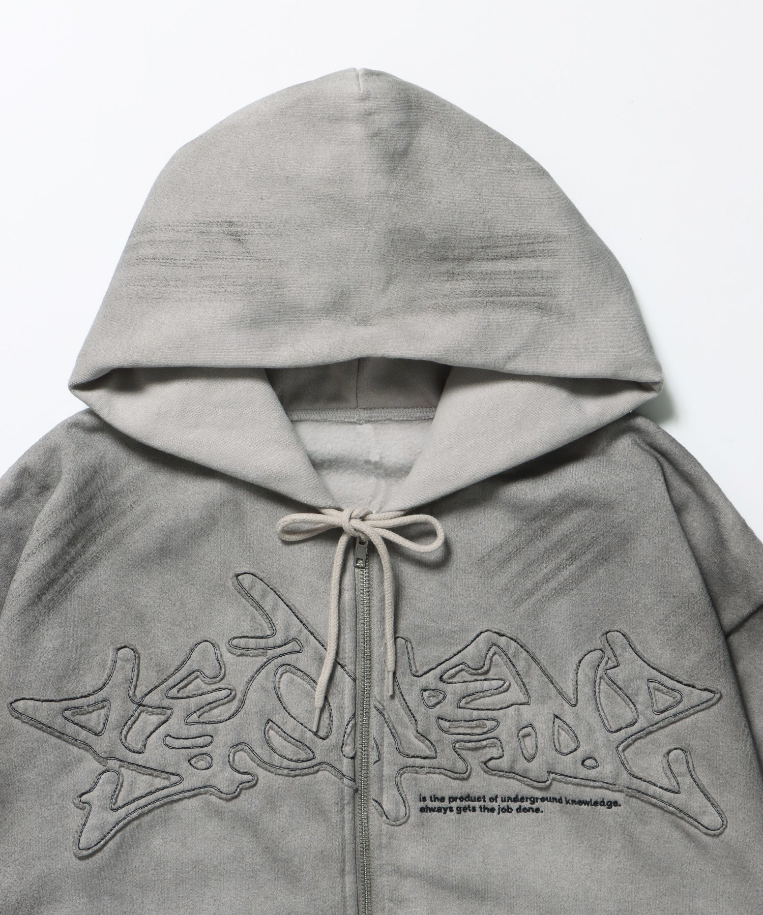 LOGO APPLIQUE ZIP HOODIE / フェード フルジップ オーバーサイズ ヴィンテージライク センターロゴ 裏起毛 ライトグレー ≪SET UP着用可能≫