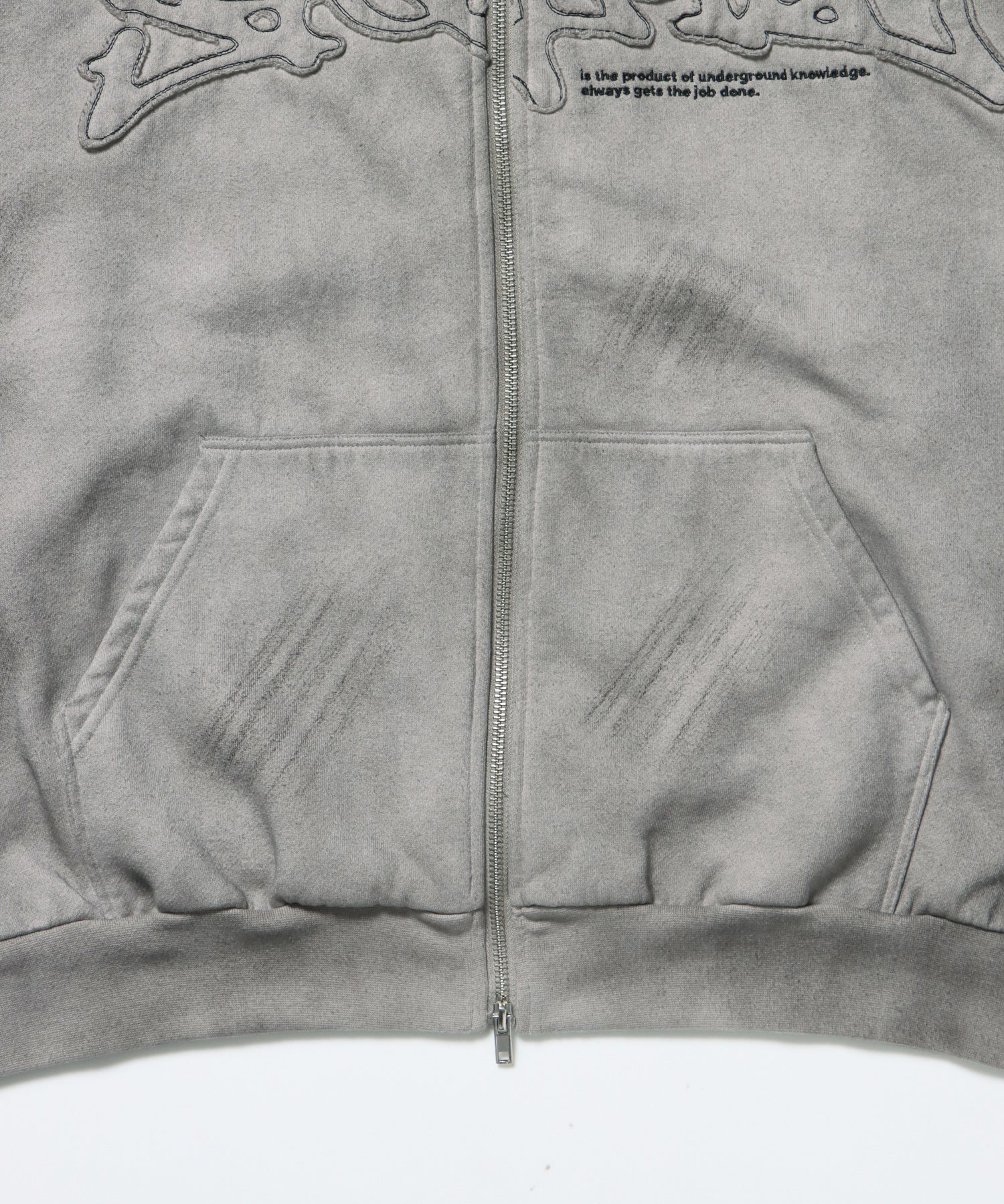 LOGO APPLIQUE ZIP HOODIE / フェード フルジップ オーバーサイズ ヴィンテージライク センターロゴ 裏起毛 ライトグレー ≪SET UP着用可能≫