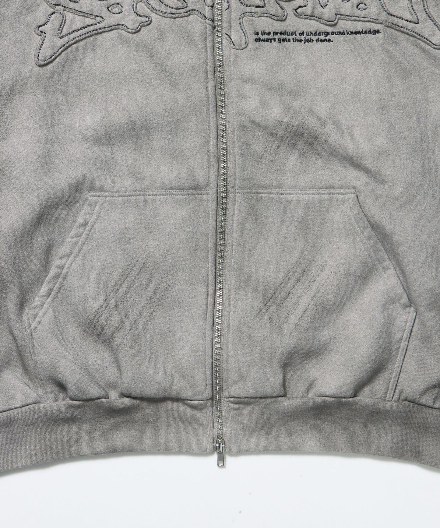 LOGO APPLIQUE ZIP HOODIE / フェード フルジップ オーバーサイズ ヴィンテージライク センターロゴ 裏起毛 ライトグレー ≪SET UP着用可能≫