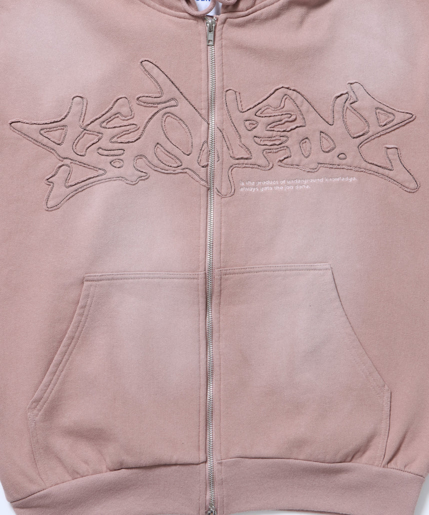 LOGO APPLIQUE ZIP HOODIE / フェード フルジップ オーバーサイズ ヴィンテージライク センターロゴ 裏起毛 ピンク ≪SET UP着用可能≫