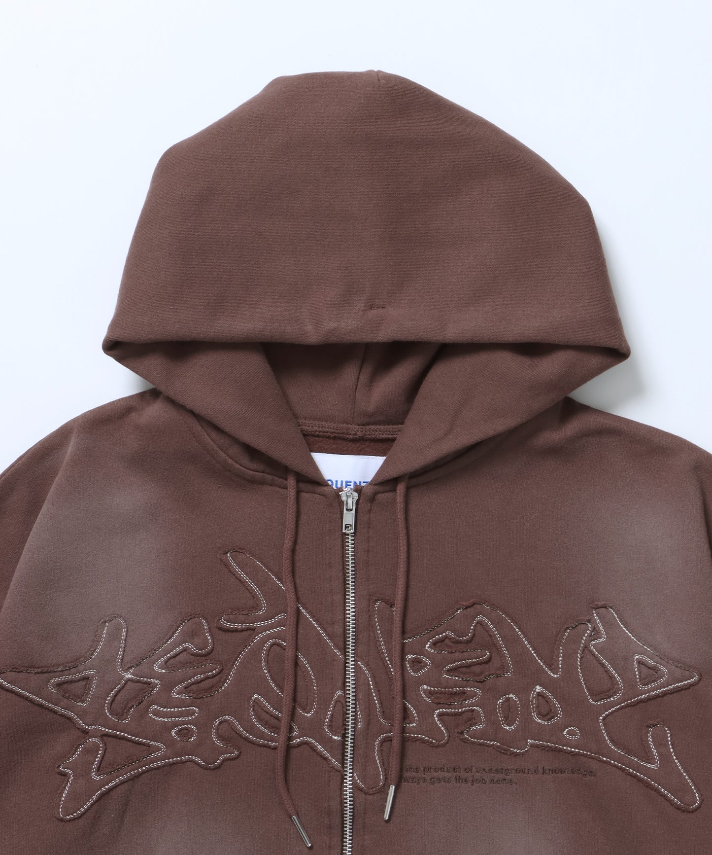 LOGO APPLIQUE ZIP HOODIE / フェード フルジップ オーバーサイズ ヴィンテージライク センターロゴ 裏起毛 ダークブラウン ≪SET UP着用可能≫