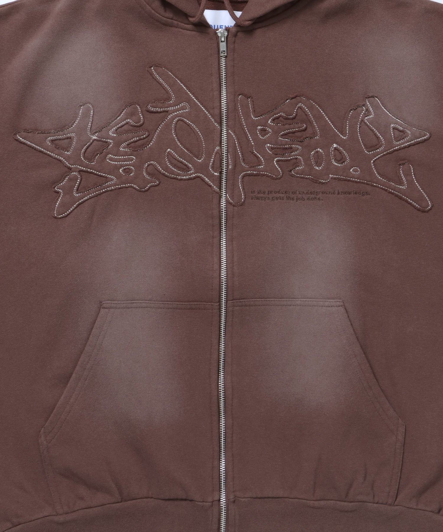 LOGO APPLIQUE ZIP HOODIE / フェード フルジップ オーバーサイズ ヴィンテージライク センターロゴ 裏起毛 ダークブラウン ≪SET UP着用可能≫
