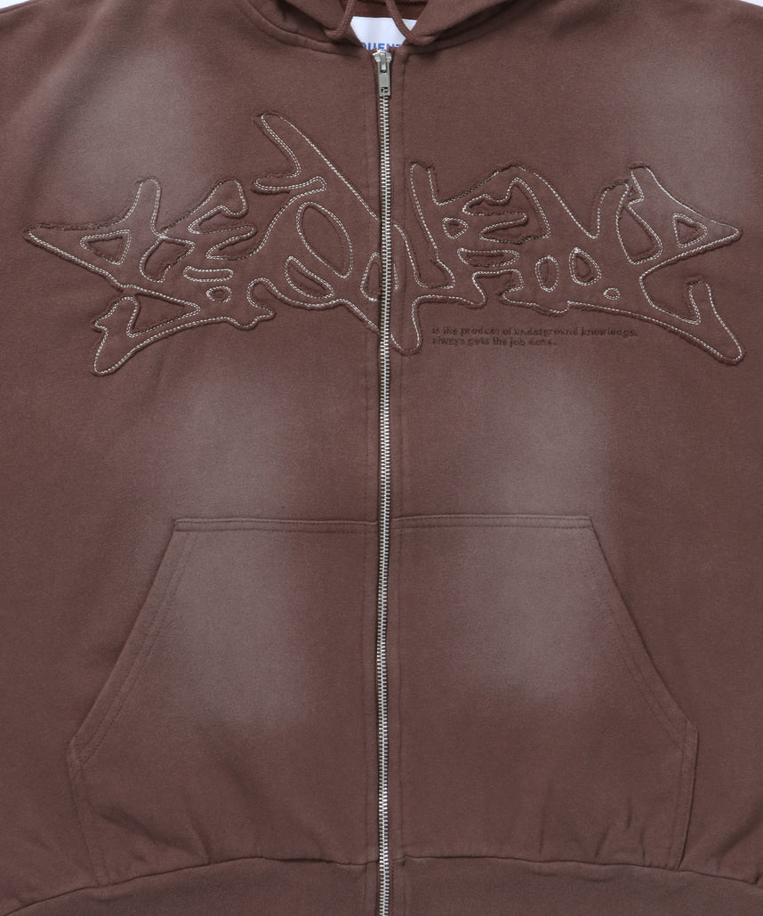 LOGO APPLIQUE ZIP HOODIE / フェード フルジップ オーバーサイズ ヴィンテージライク センターロゴ 裏起毛 ダークブラウン ≪SET UP着用可能≫