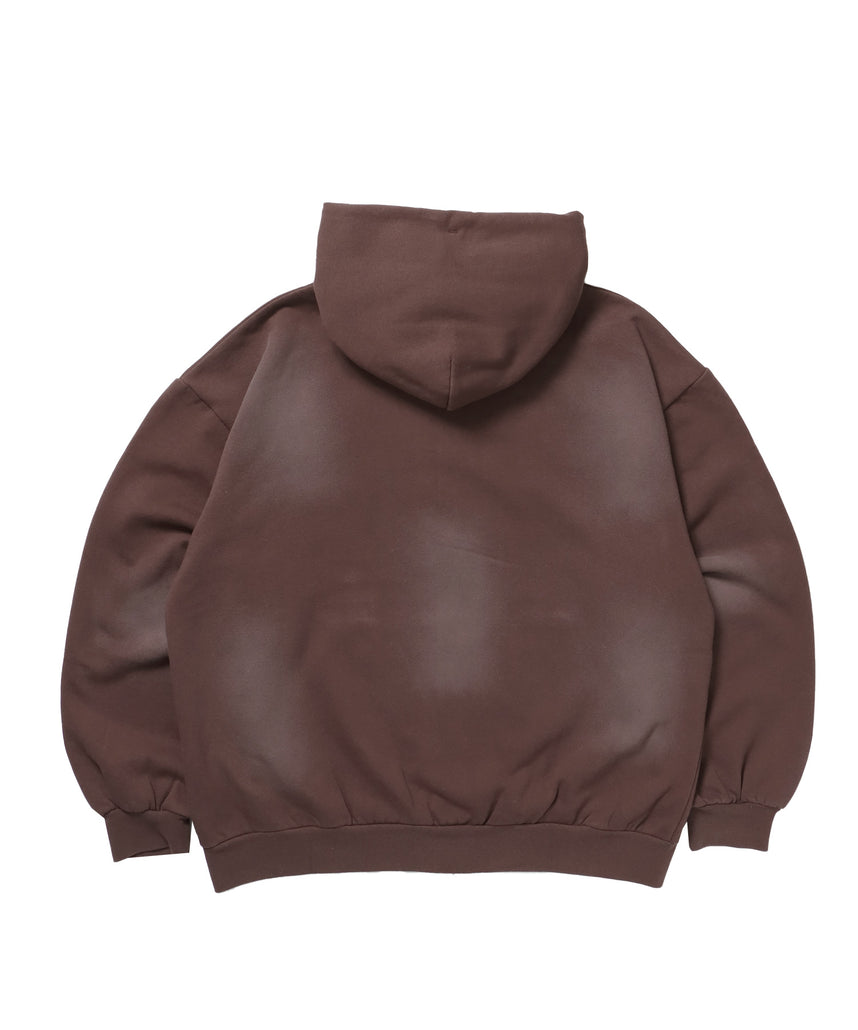 LOGO APPLIQUE ZIP HOODIE / フェード フルジップ オーバーサイズ ヴィンテージライク センターロゴ 裏起毛 ダークブラウン ≪SET UP着用可能≫
