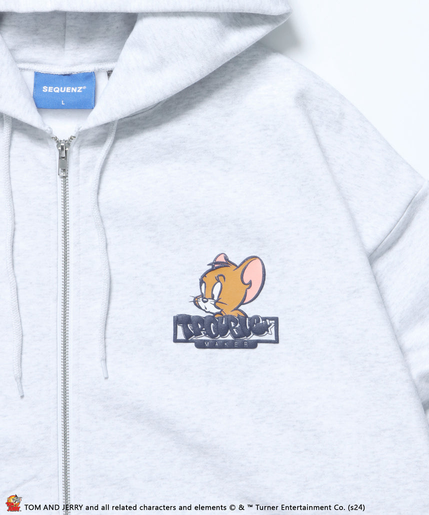 TJ GRAFFITI ZIP P/K / トムとジェリー オーバーサイズ 裏起毛 スウェット ジップパーカー フーディ アッシュグレー