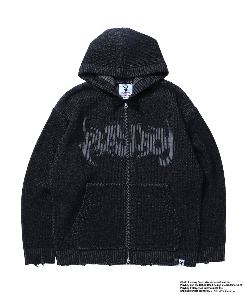 PB RHD KNIT ZIP PK / プレイボーイ ジャケット ニット フルジップ センターロゴ ブラック