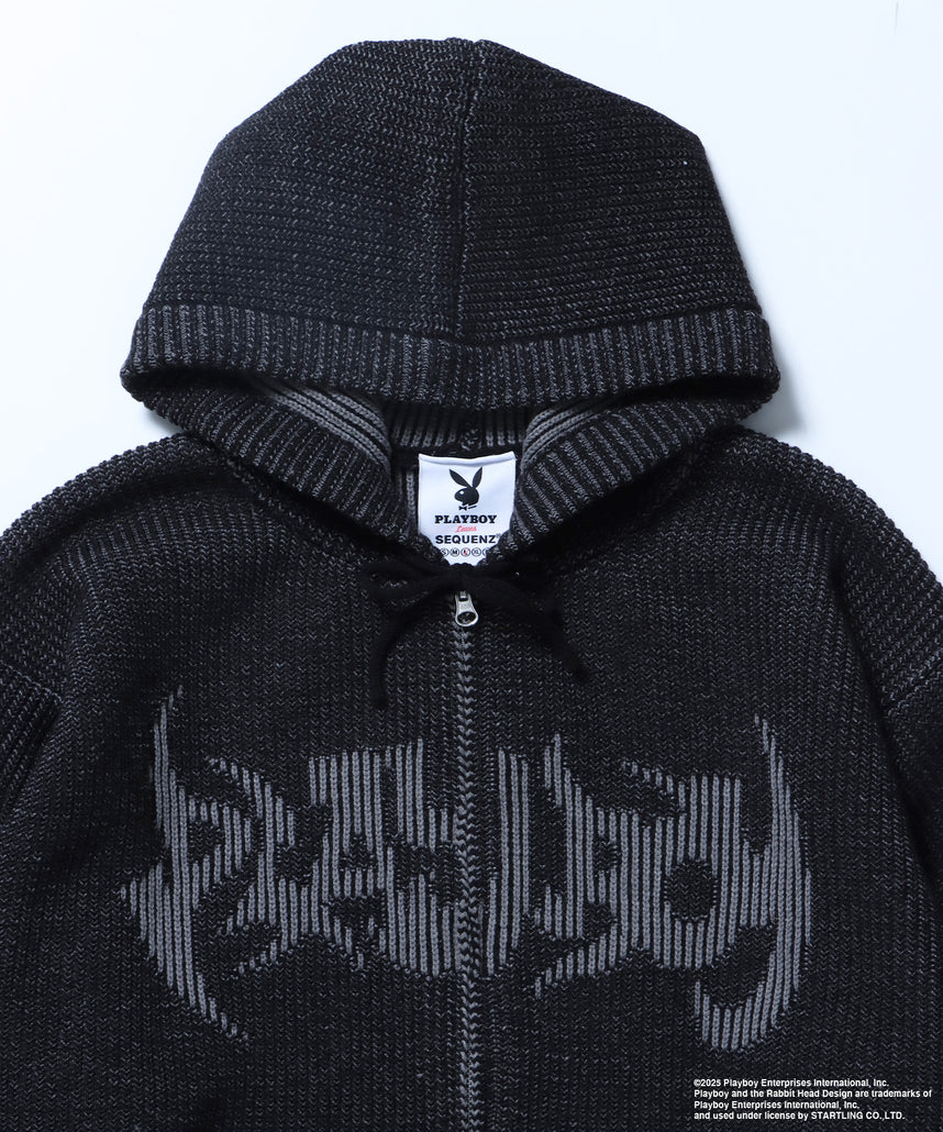 PB RHD KNIT ZIP PK / プレイボーイ ジャケット ニット フルジップ センターロゴ ブラック