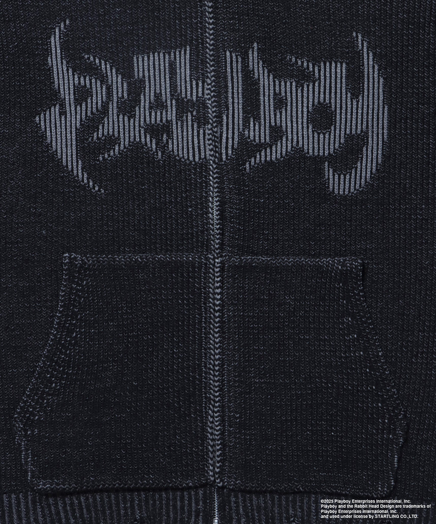 PB RHD KNIT ZIP PK / プレイボーイ ジャケット ニット フルジップ センターロゴ ブラック