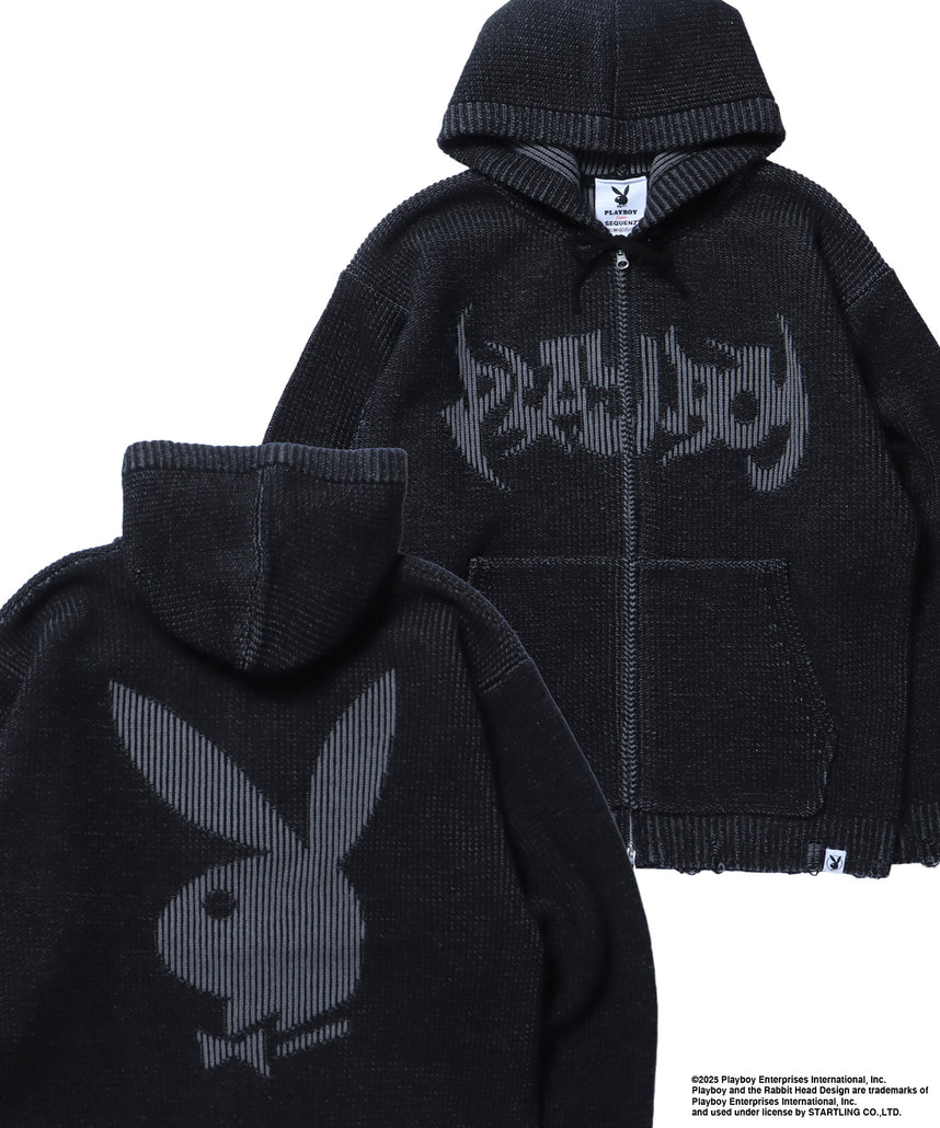 PB RHD KNIT ZIP PK / プレイボーイ ジャケット ニット フルジップ センターロゴ ブラック