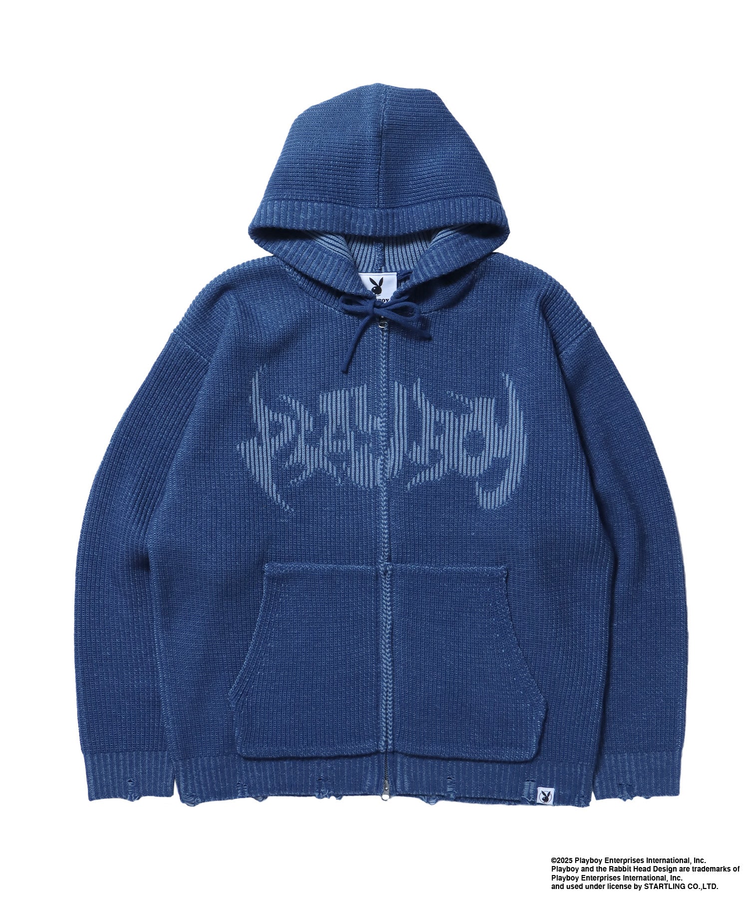 PB RHD KNIT ZIP PK / プレイボーイ ジャケット ニット フルジップ センターロゴ ブルーグレー
