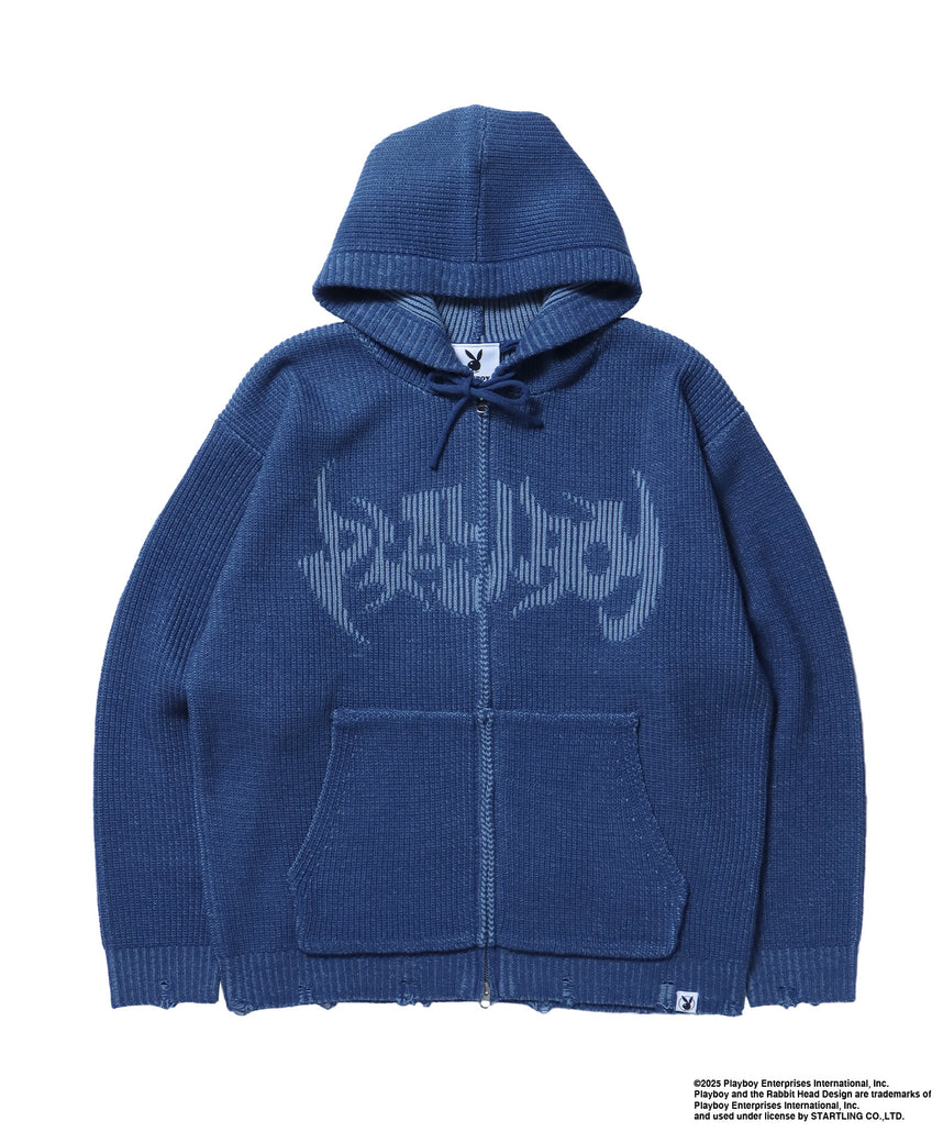 PB RHD KNIT ZIP PK / プレイボーイ ジャケット ニット フルジップ センターロゴ ブルーグレー