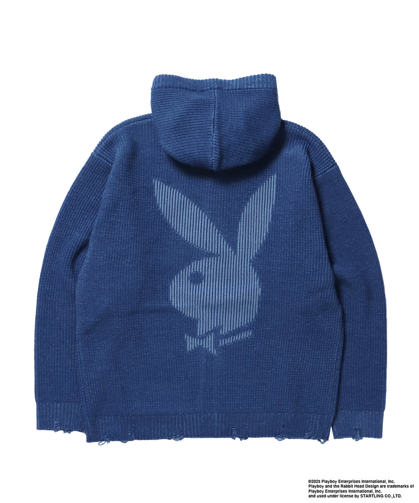 PB RHD KNIT ZIP PK / プレイボーイ ジャケット ニット フルジップ センターロゴ ブルーグレー