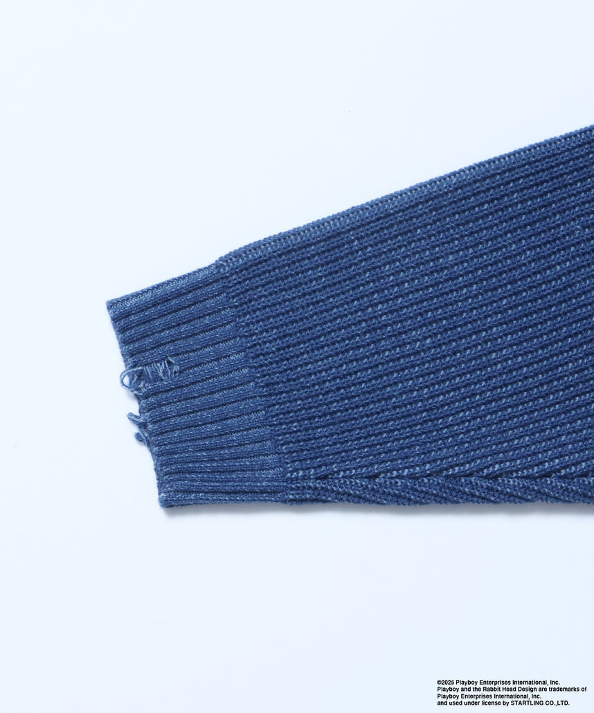 PB RHD KNIT ZIP PK / プレイボーイ ジャケット ニット フルジップ センターロゴ ブルーグレー