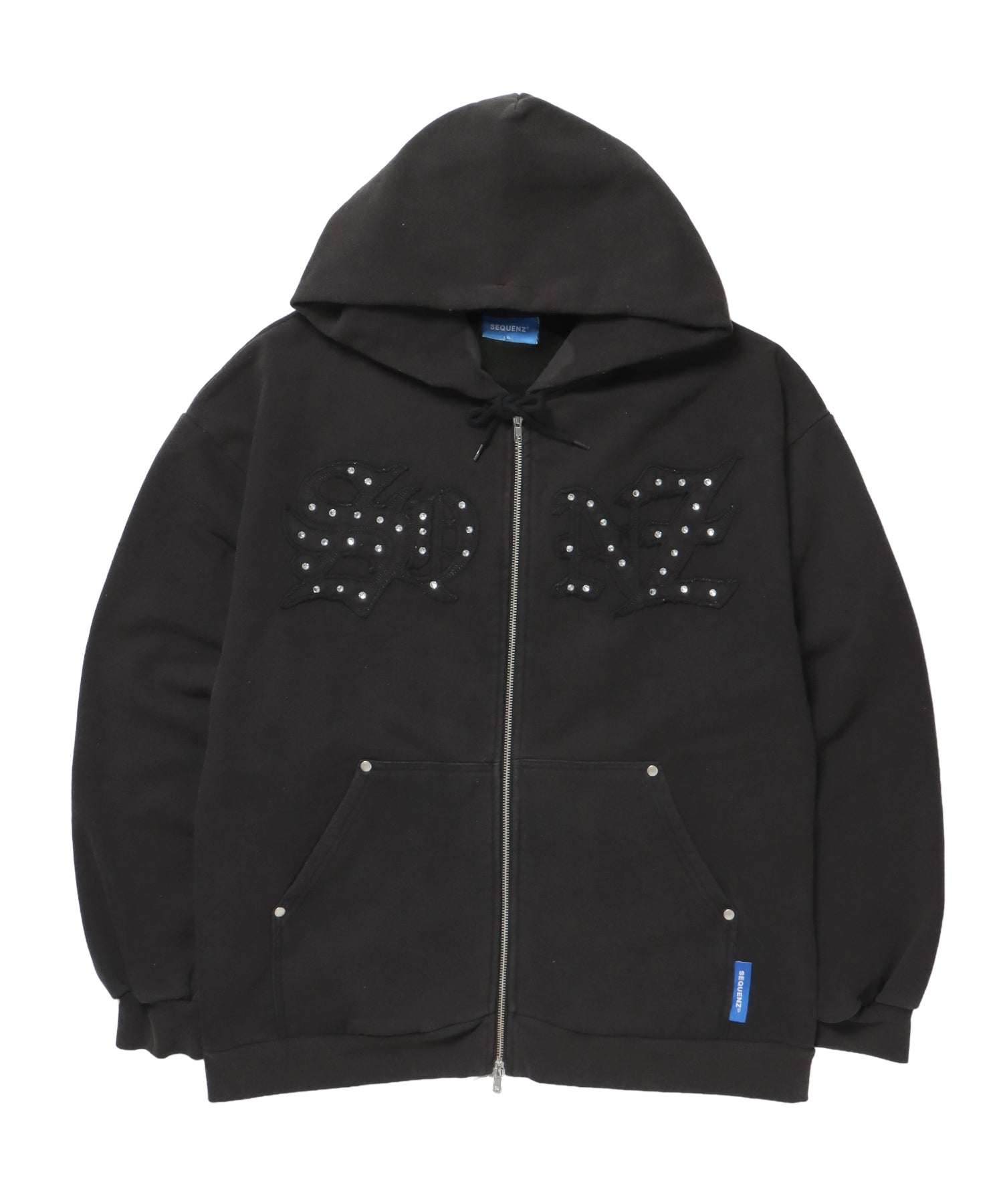 APPLIQUE STONE FADE ZIP P/K / ラインストーン ジップパーカー ダブルジップ 裏起毛 加工 【セットアップ着用可】 ブラック