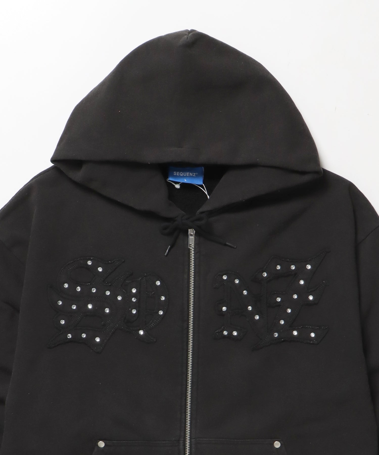 APPLIQUE STONE FADE ZIP P/K / ラインストーン ジップパーカー ダブルジップ 裏起毛 加工 【セットアップ着用可】 ブラック