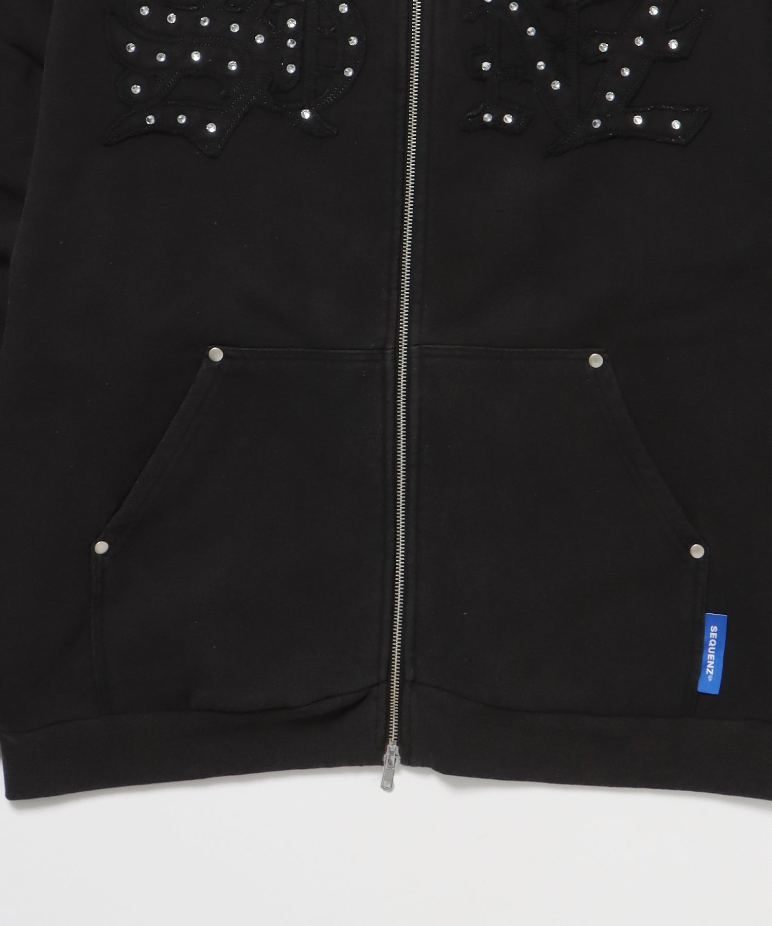 APPLIQUE STONE FADE ZIP P/K / ラインストーン ジップパーカー ダブルジップ 裏起毛 加工 【セットアップ着用可】 ブラック