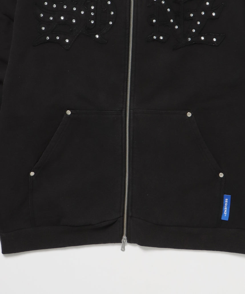 APPLIQUE STONE FADE ZIP P/K / ラインストーン ジップパーカー ダブルジップ 裏起毛 加工 【セットアップ着用可】 ブラック