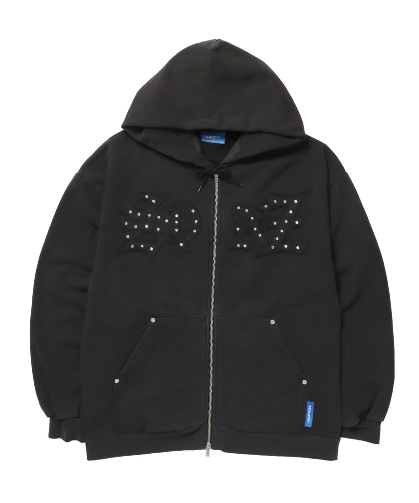 APPLIQUE STONE FADE ZIP P/K / ラインストーン ジップパーカー ダブルジップ 裏起毛 加工 【セットアップ着用可】 ブラック