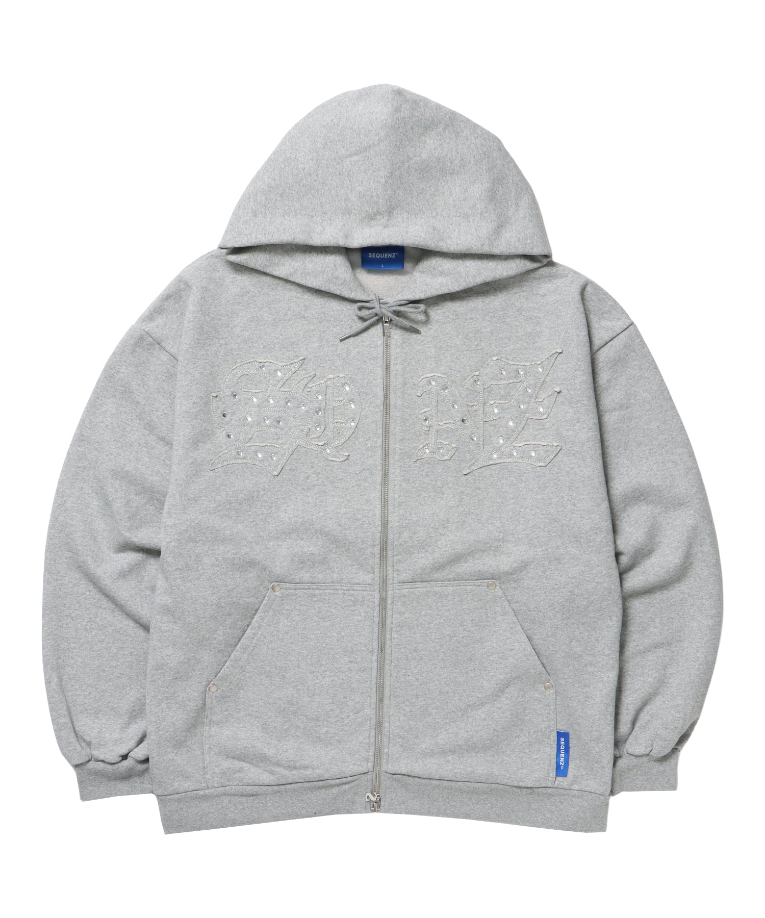 APPLIQUE STONE FADE ZIP P/K / ラインストーン ジップパーカー ダブルジップ 裏起毛 加工 【セットアップ着用可】 グレー