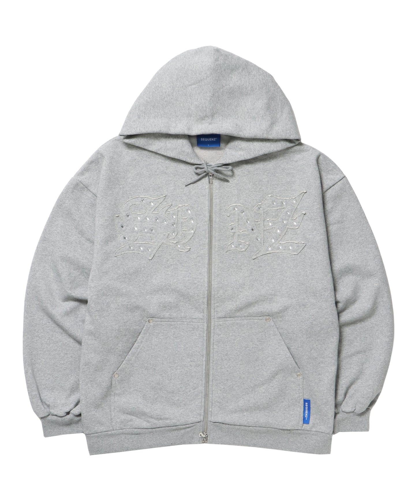 APPLIQUE STONE FADE ZIP P/K / ラインストーン ジップパーカー ダブルジップ 裏起毛 加工 【セットアップ着用可】 グレー