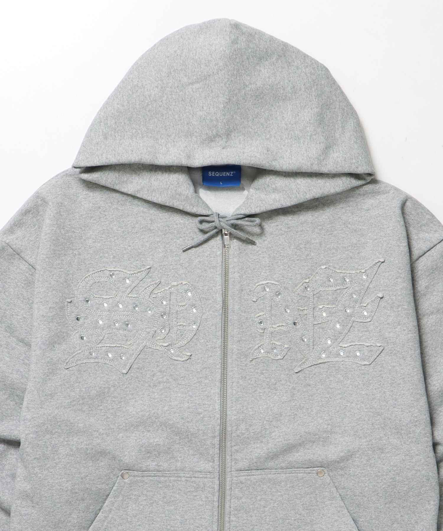 APPLIQUE STONE FADE ZIP P/K / ラインストーン ジップパーカー ダブルジップ 裏起毛 加工 【セットアップ着用可】 グレー