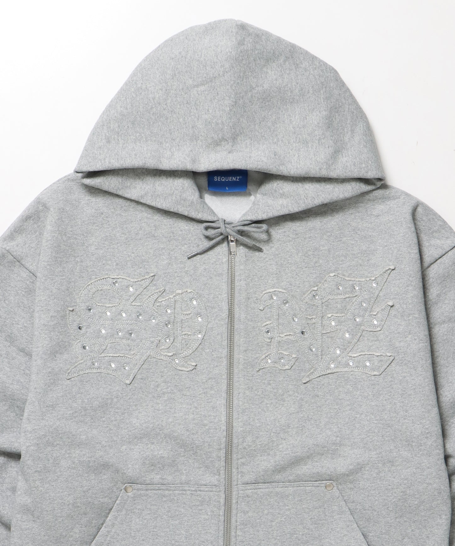 APPLIQUE STONE FADE ZIP P/K / ラインストーン ジップパーカー ダブルジップ 裏起毛 加工 【セットアップ着用可】 グレー