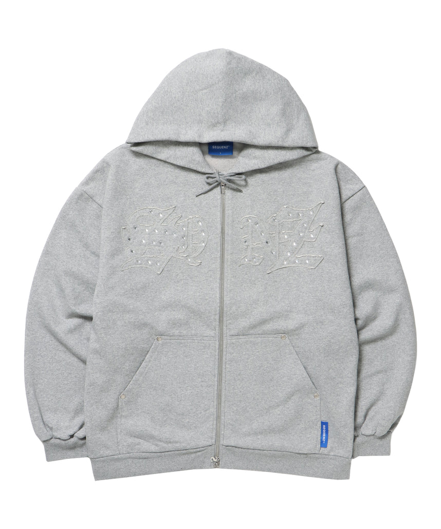 APPLIQUE STONE FADE ZIP P/K / ラインストーン ジップパーカー ダブルジップ 裏起毛 加工 【セットアップ着用可】 グレー