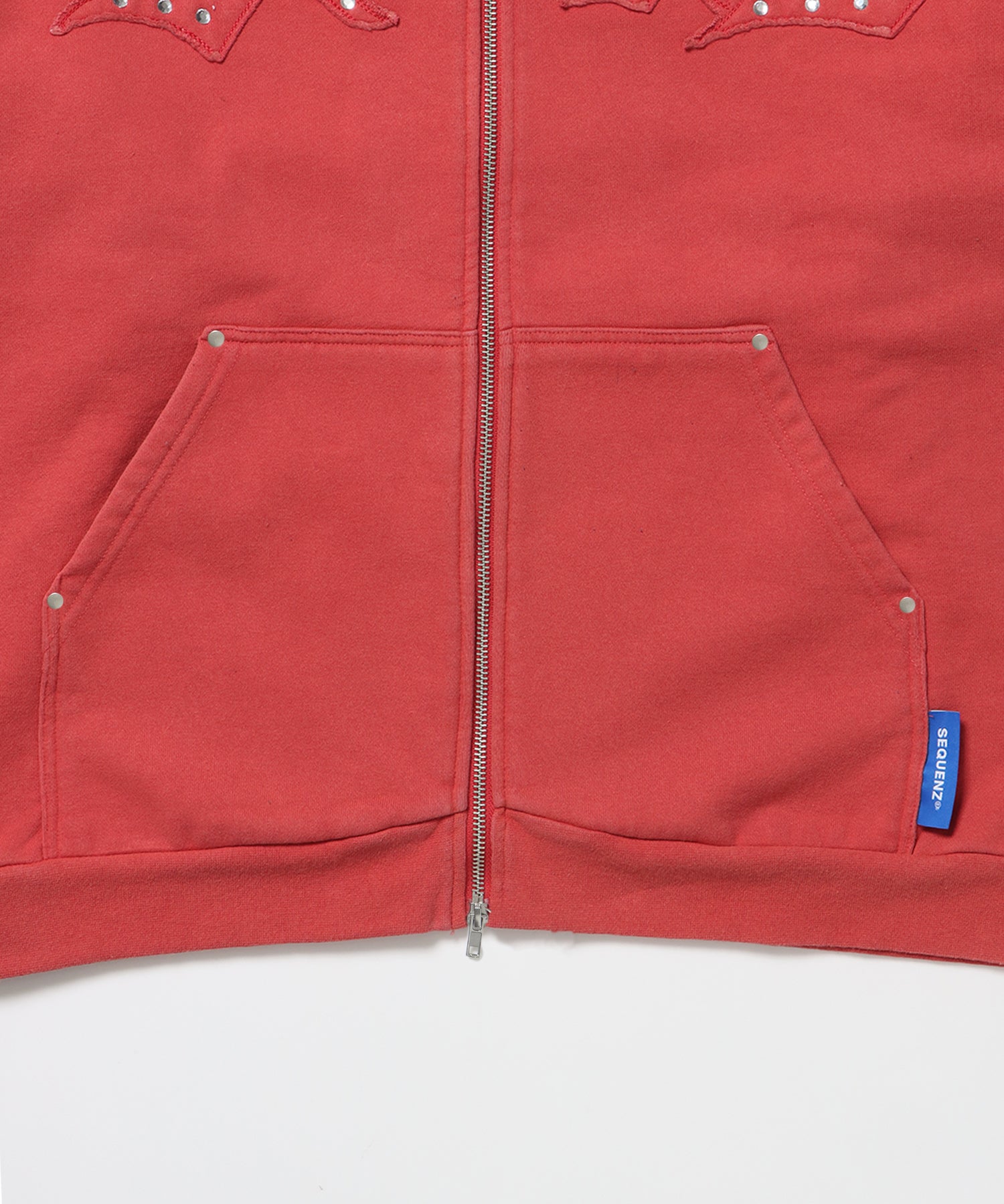 APPLIQUE STONE FADE ZIP P/K / ラインストーン ジップパーカー ダブルジップ 裏起毛 加工 【セットアップ着用可】 レッド