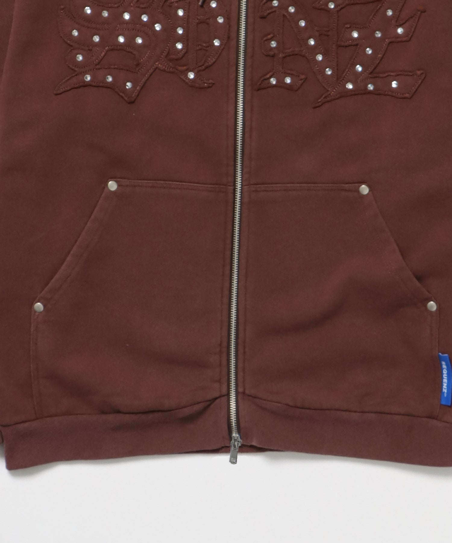 APPLIQUE STONE FADE ZIP P/K / ラインストーン ジップパーカー ダブルジップ 裏起毛 加工 【セットアップ着用可】 モカ