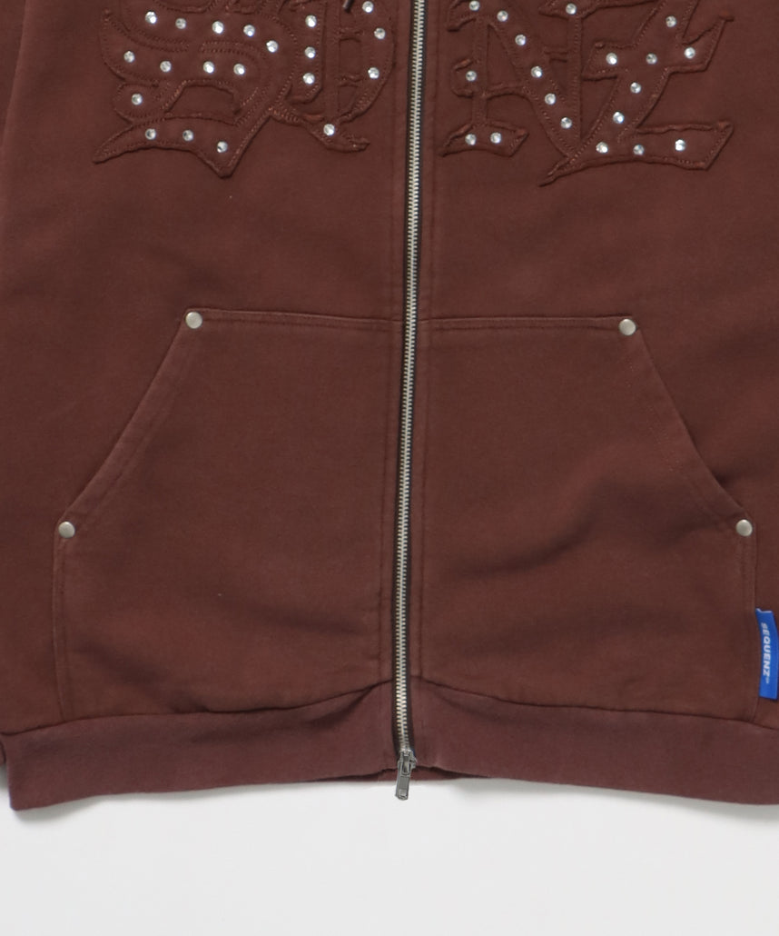 APPLIQUE STONE FADE ZIP P/K / ラインストーン ジップパーカー ダブルジップ 裏起毛 加工 【セットアップ着用可】 モカ