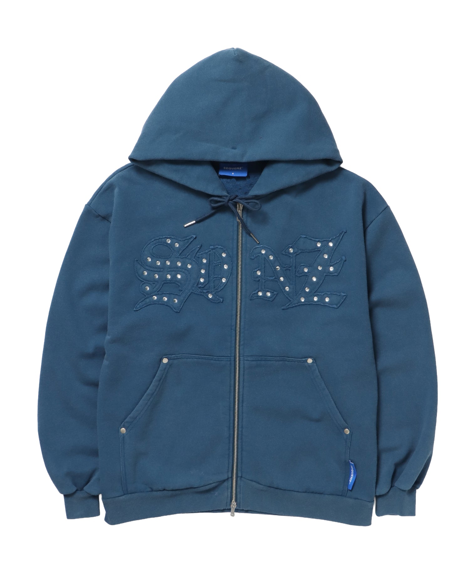 APPLIQUE STONE FADE ZIP P/K / ラインストーン ジップパーカー ダブルジップ 裏起毛 加工 【セットアップ着用可】 ブルー