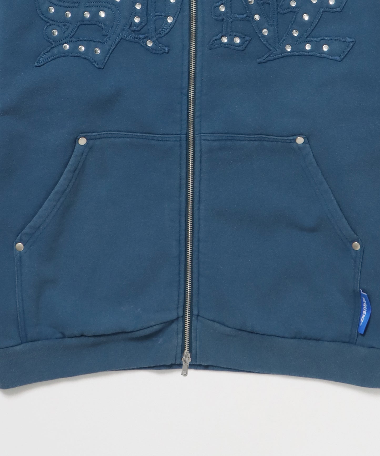APPLIQUE STONE FADE ZIP P/K / ラインストーン ジップパーカー ダブルジップ 裏起毛 加工 【セットアップ着用可】 ブルー