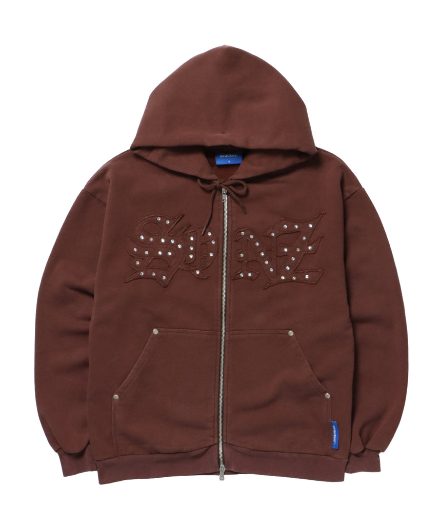 APPLIQUE STONE FADE ZIP P/K / ラインストーン ジップパーカー ダブルジップ 裏起毛 加工 【セットアップ着用可】 モカ