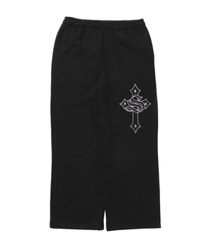 CROSS RHINE STONE SWEAT PANTS / ラインストーン クロス スウェットパンツ ドローコード 裏起毛 【セットアップ】 ブラック